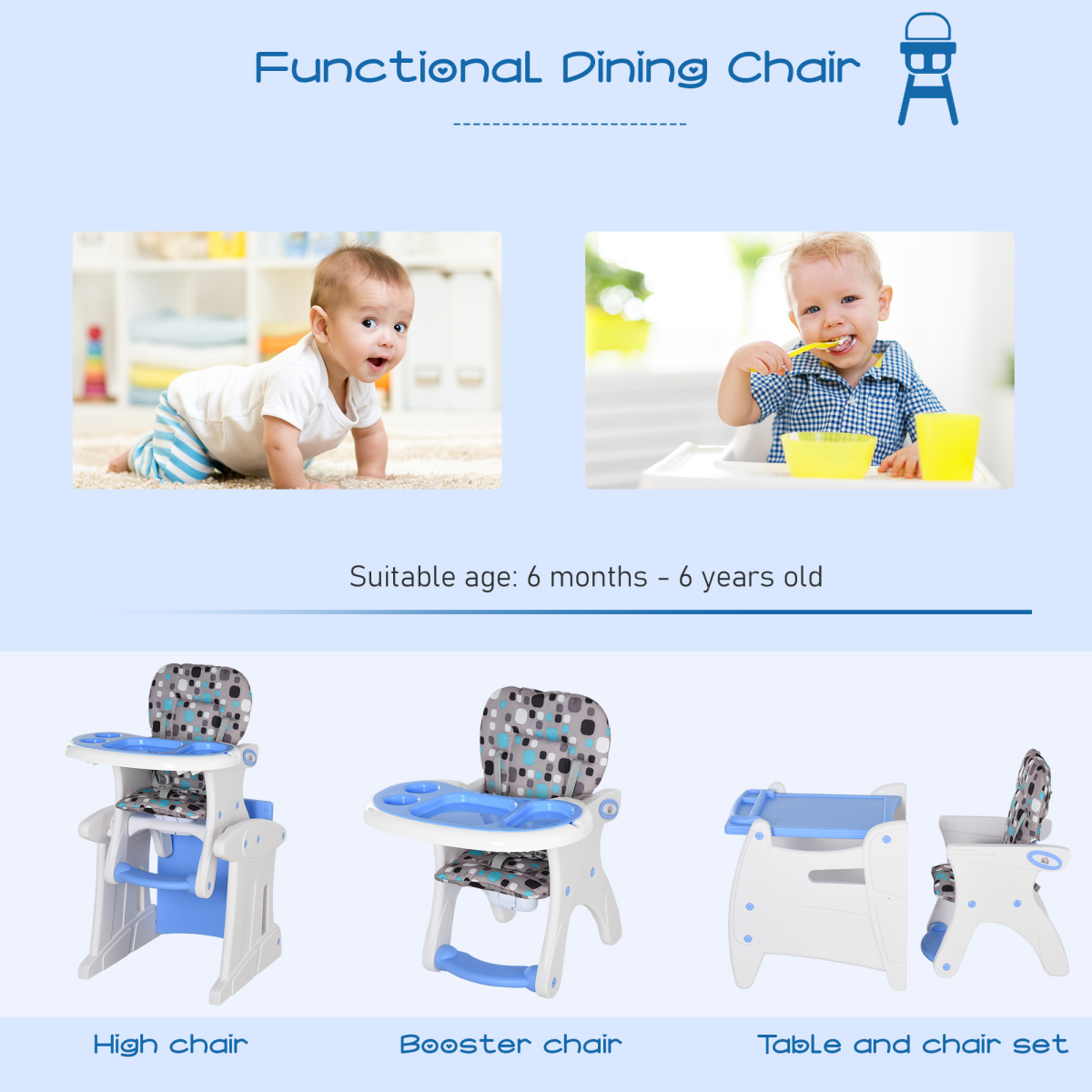 HOMCOM 3-in-1 Convertible Baby High Chair, Rocker & Booster Seat Blue