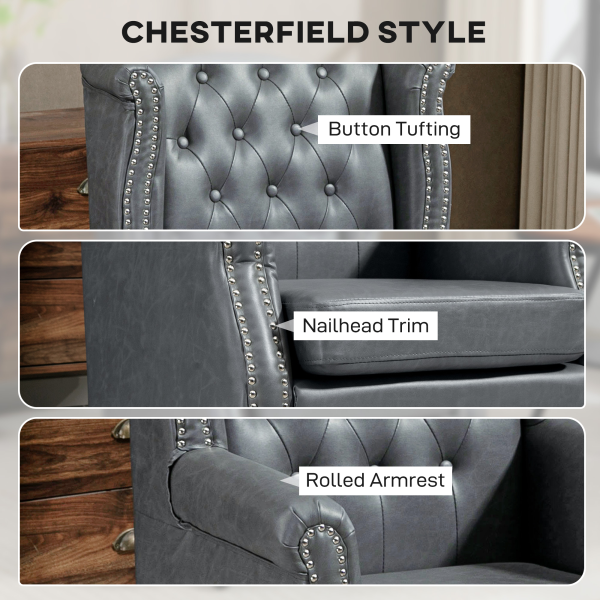 HOMCOM Grey Faux Leather Chesterfield Wing Back Armchair