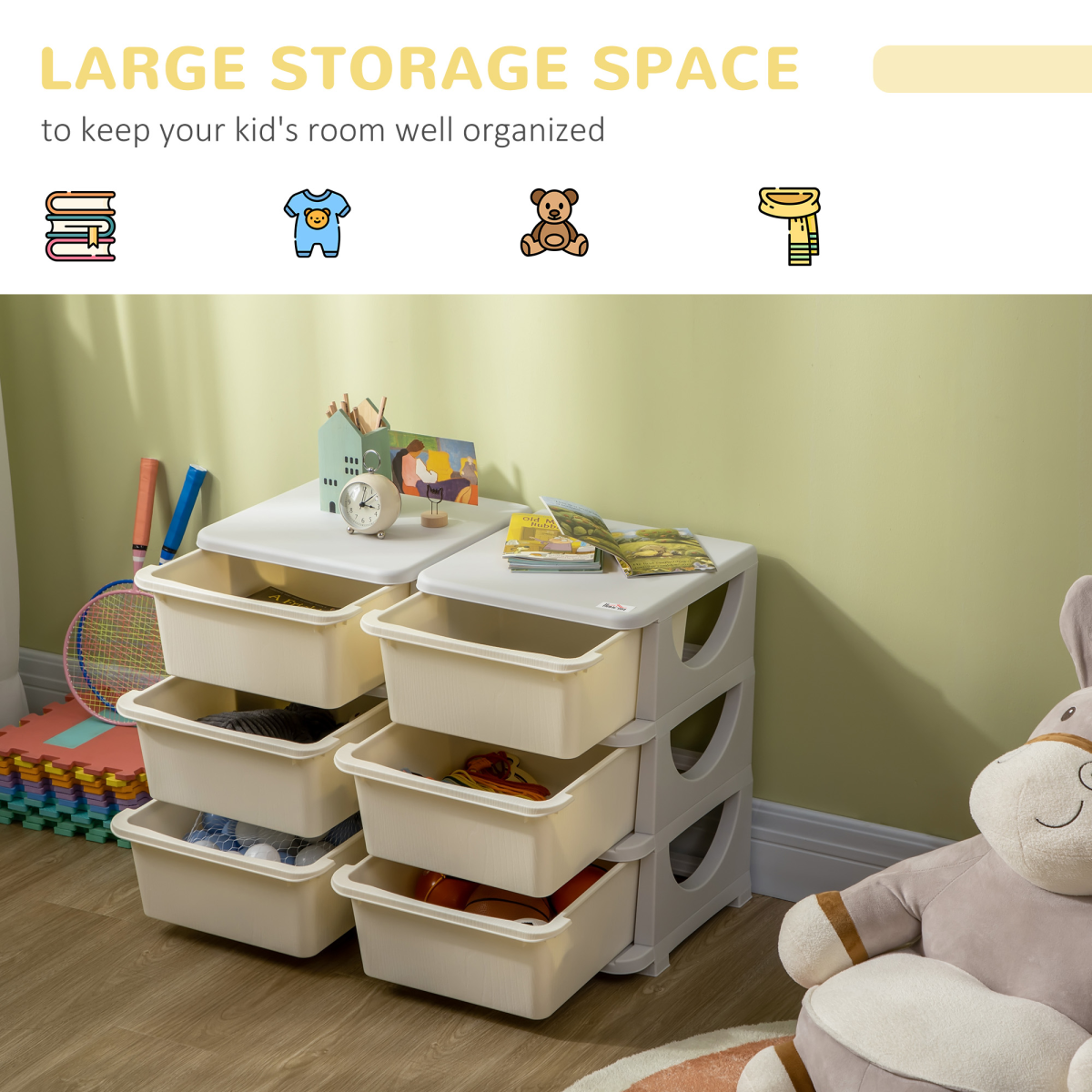 Kids Storage Unit Toy Box Vertical Dresser with Six Drawers - Cream