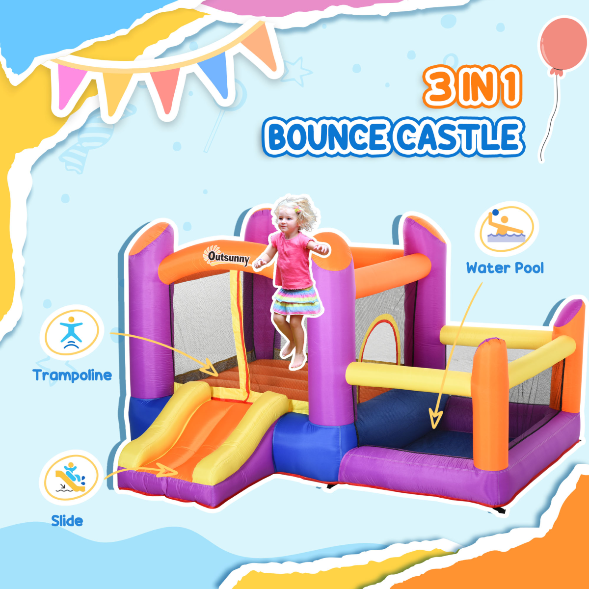 Outsunny Inflatable Bouncy Castle with Slide and Pool, Electric Blower Included, Multi-Color