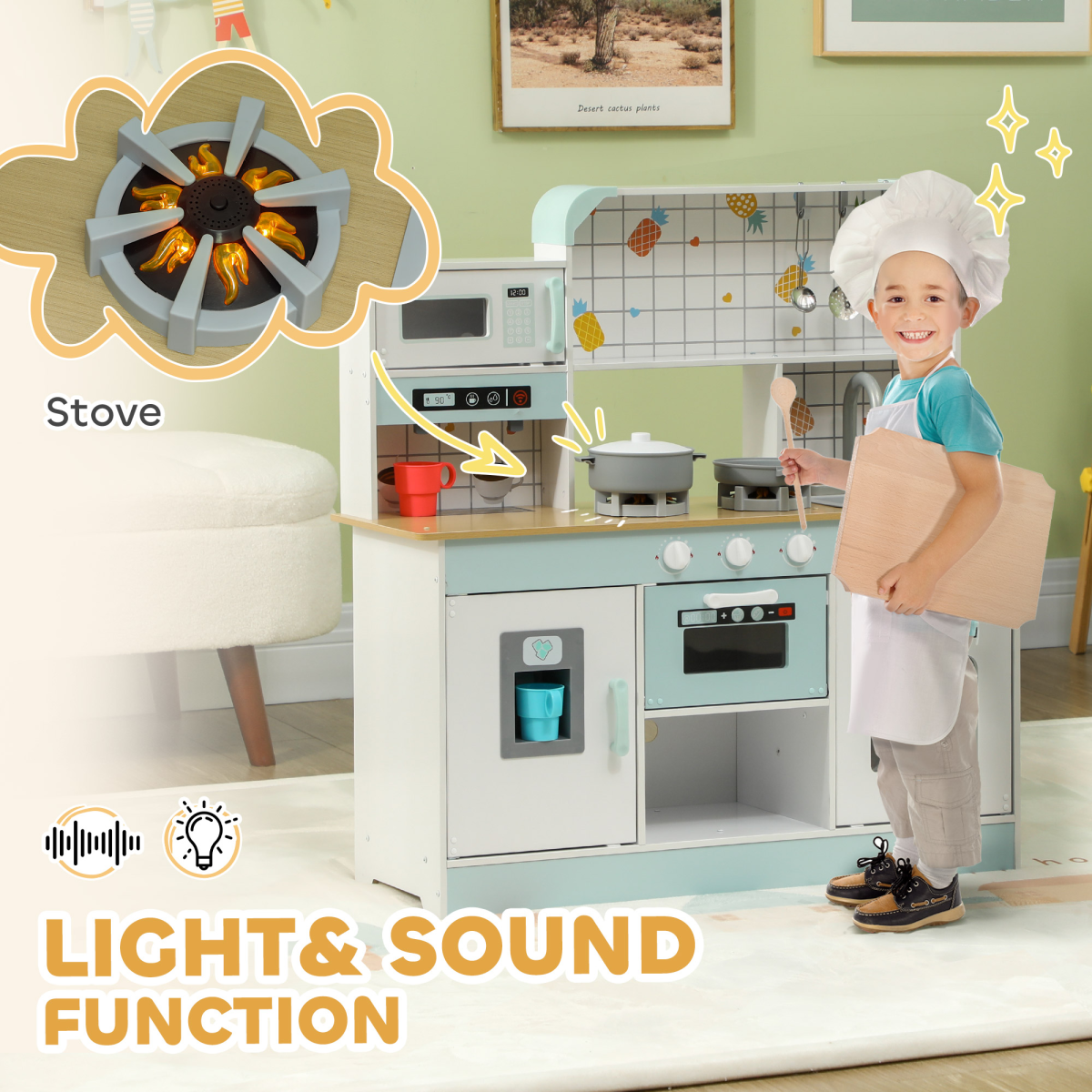 AIYAPLAY Kids Toy Kitchen Playset with Lights, Sounds & Accessories
