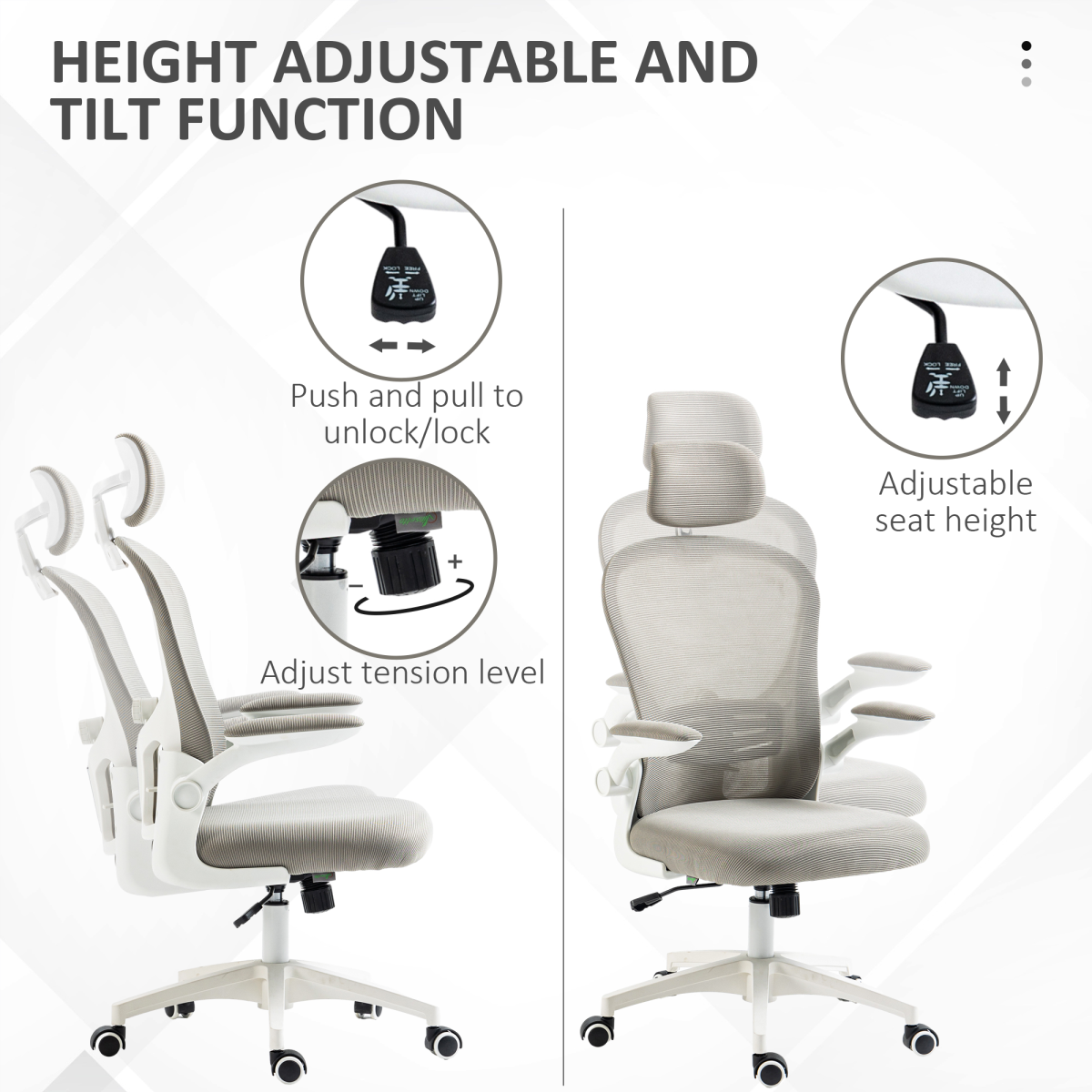 Vinsetto Grey Mesh Office Chair with Headrest, Adjustable Lumbar, Flip-Up Arms