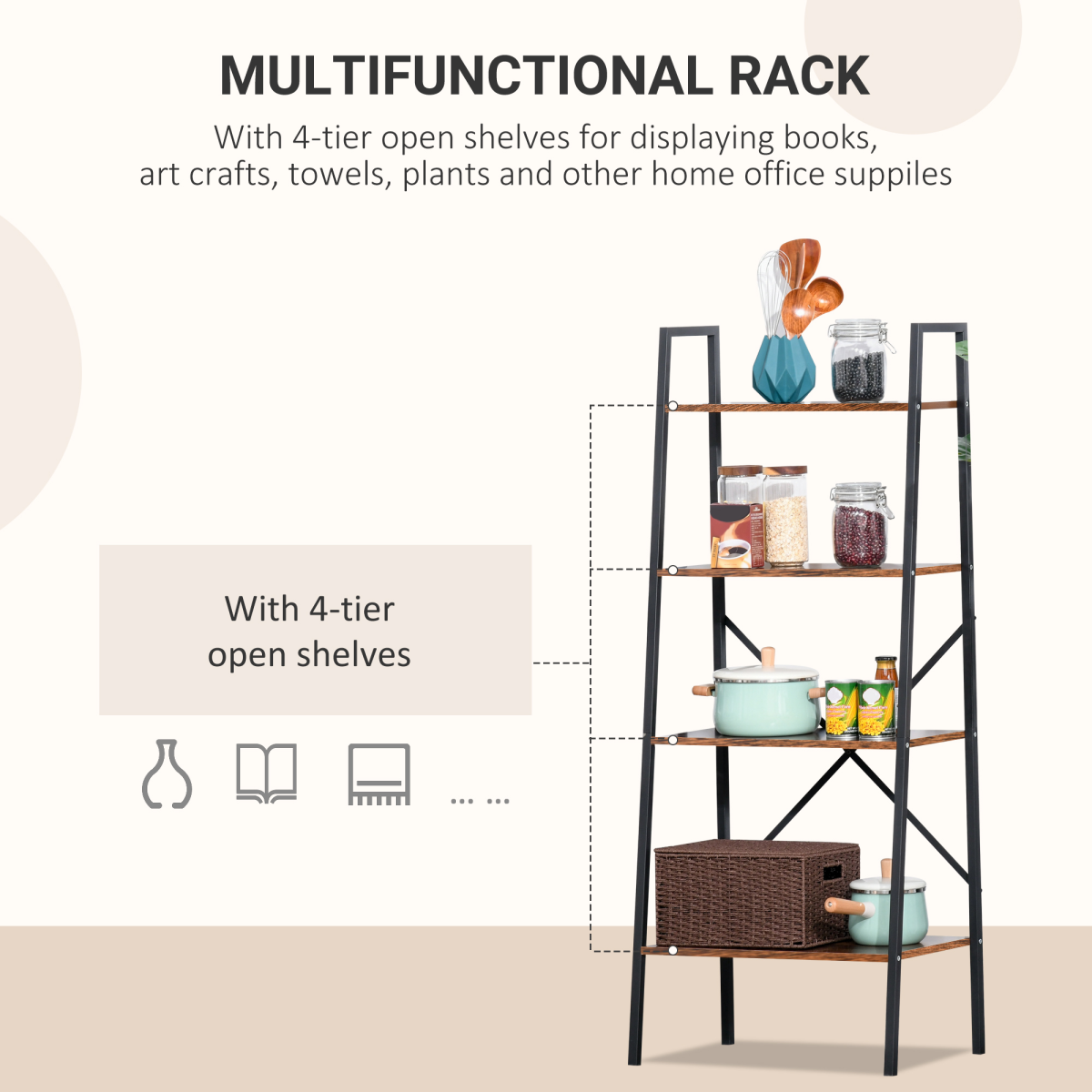 4-Tier Minimalist Ladder Shelf Unit with Steel Frame and MDF Shelves for Home Display and Storage
