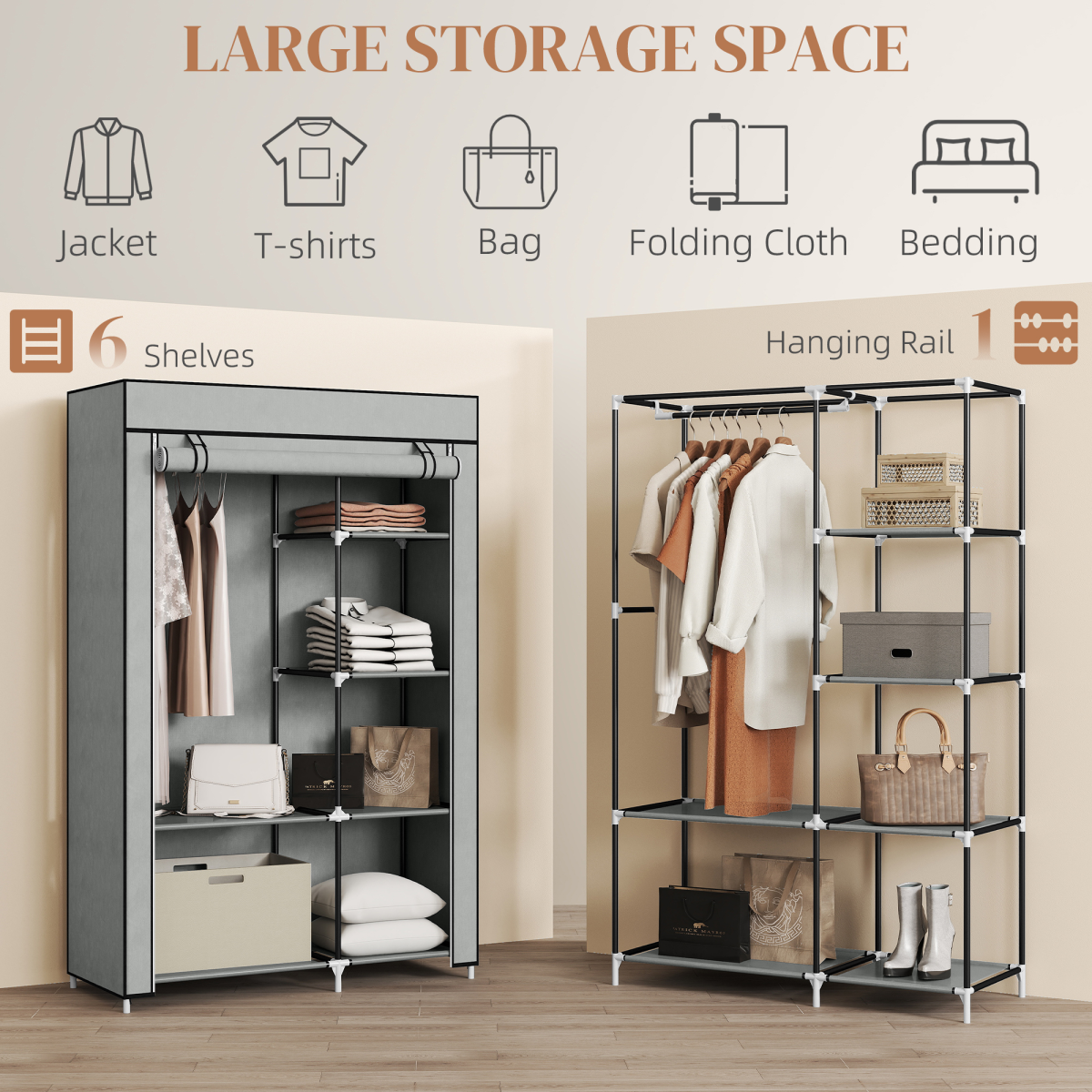 Portable Fabric Wardrobe with 6 Shelves, Hanging Rail, Light Grey