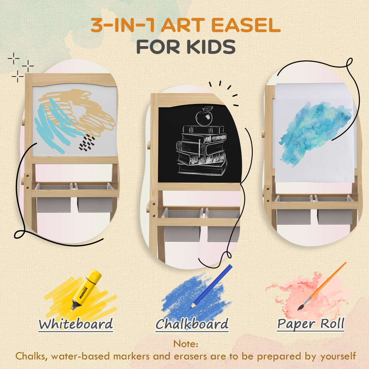 AIYAPLAY 3-in-1 Kids Easel with Paper Roll & Baskets, Natural
