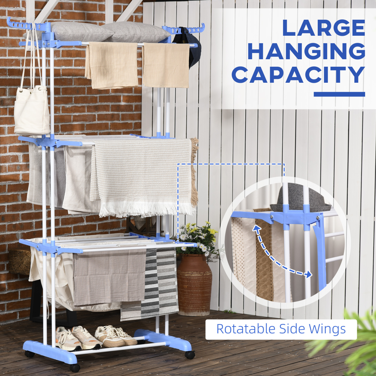 HOMCOM 3-Tier Foldable Steel Clothes Drying Rack with Wheels, Blue