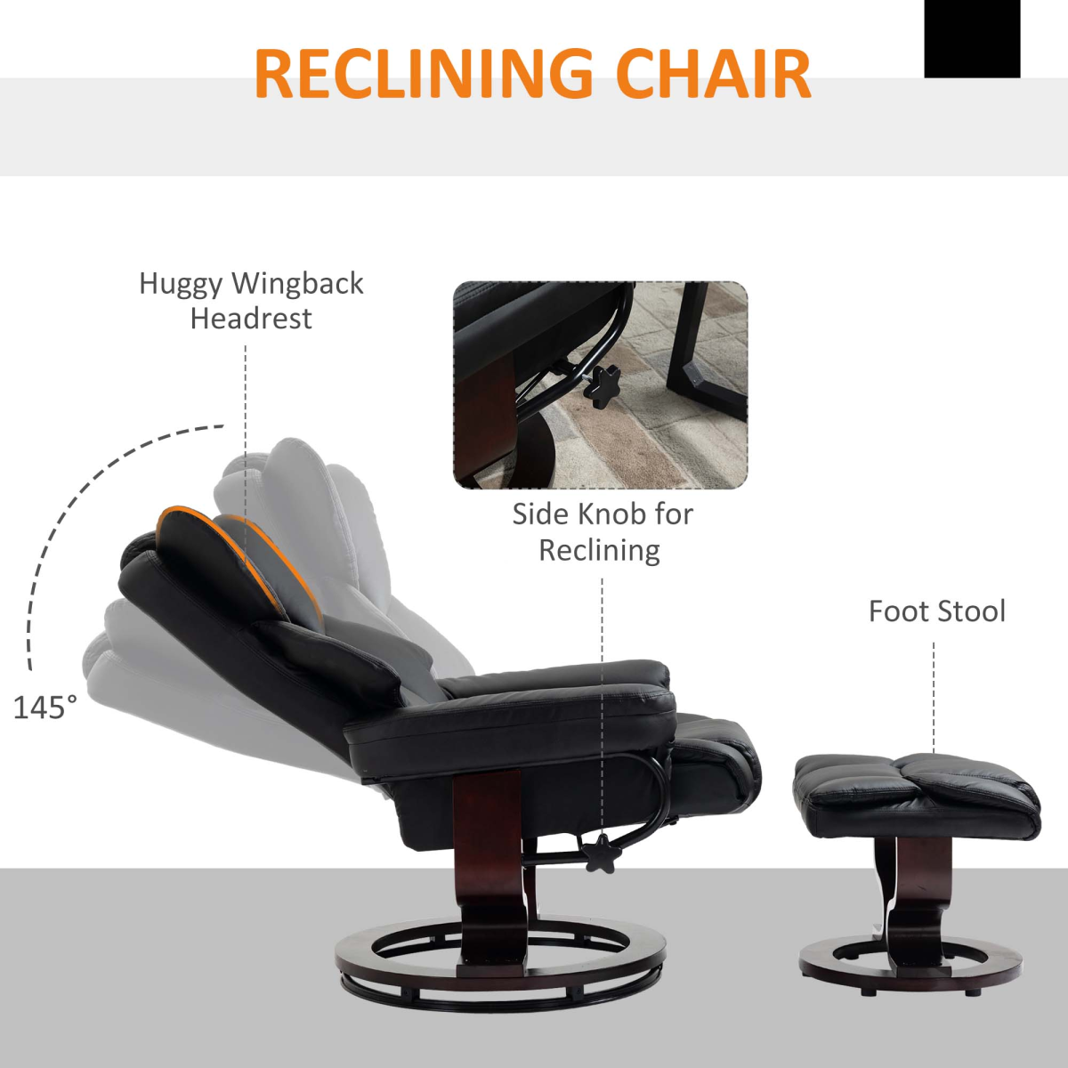 Black PU Leather Recliner Armchair with Swivel and Footstool