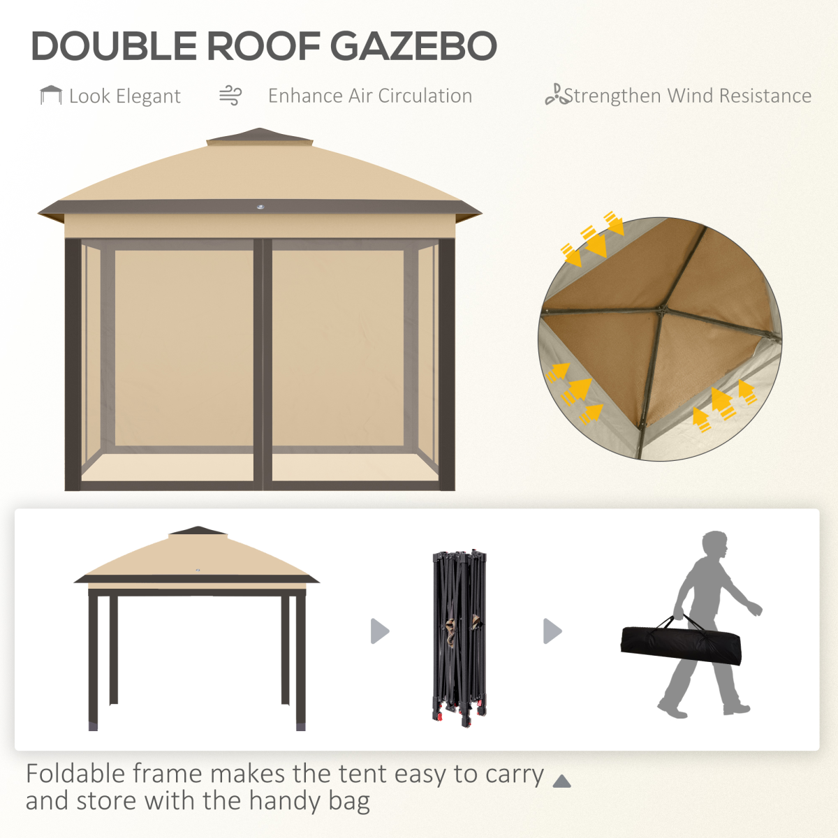 Outsunny Pop Up Gazebo, Height Adjustable Canopy Tent with Carrying Bag, Beige