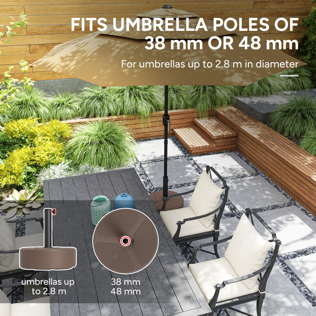 Outsunny Round Garden Parasol Base, Sand or Water Fillable Stand for 38 mm and 48 mm Poles, Black