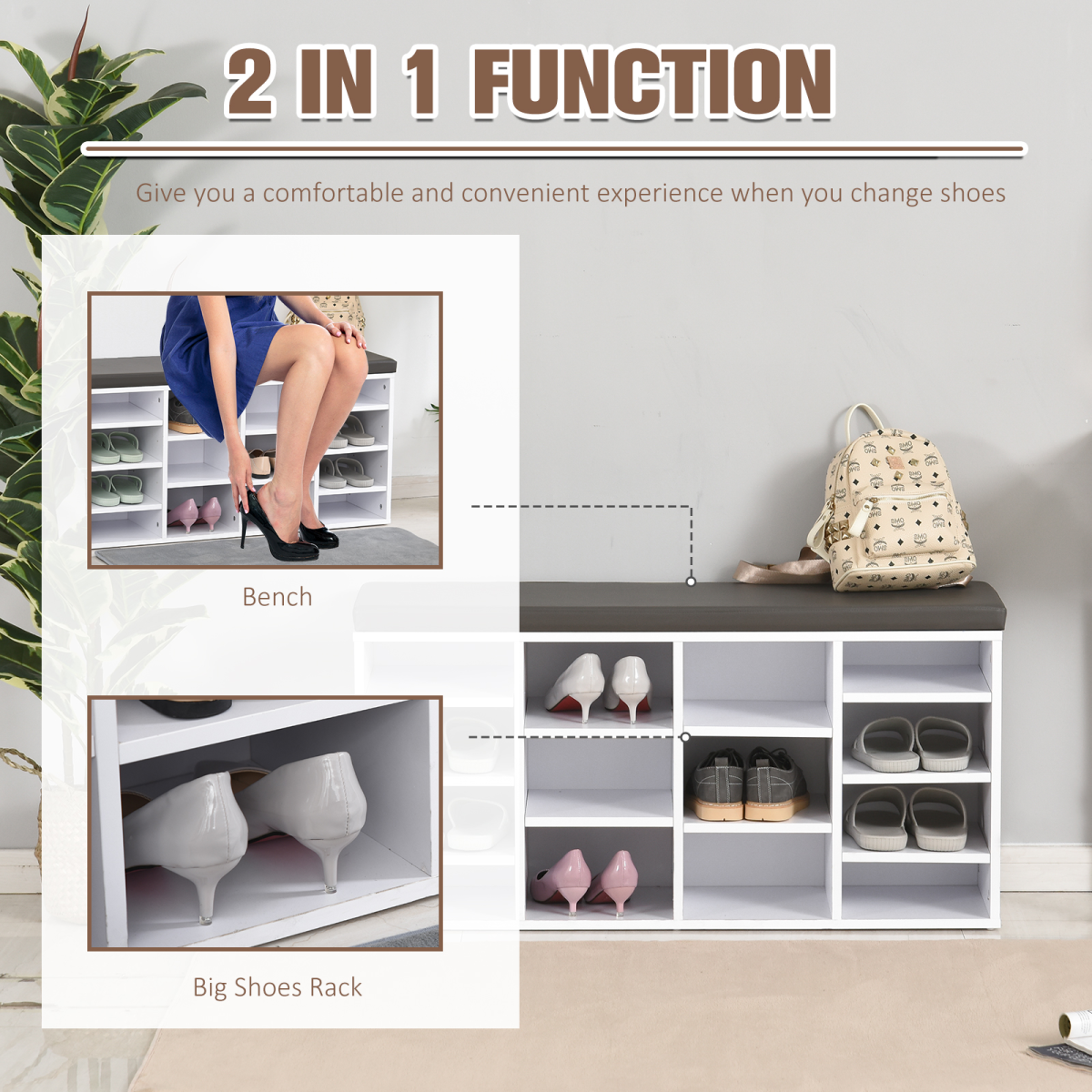 HOMCOM 14-Compartment Shoe Storage Bench with PU Leather Seat, Brown/White