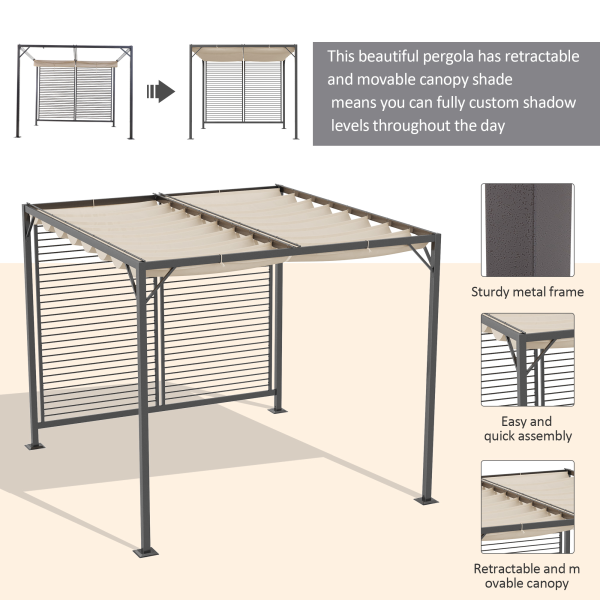 Metal Outdoor Pergola Patio Sun Shelter, Retractable Movable Canopy, PU-Coated UV and Water Resistant, Heavy-Duty Metal Frame