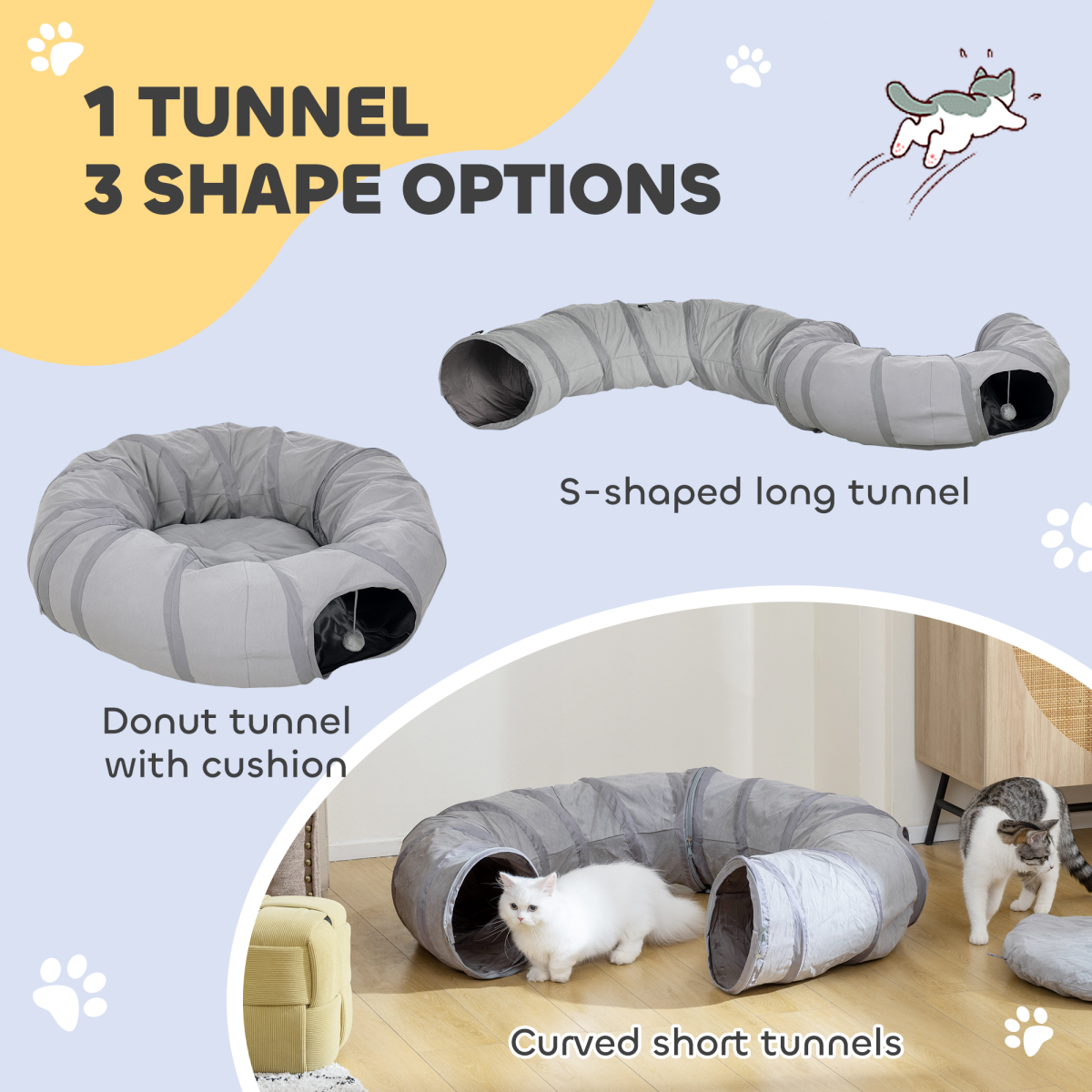 PawHut 2-in-1 Cat Tunnel Bed, Grey, Indoor Play Tunnel for Cats