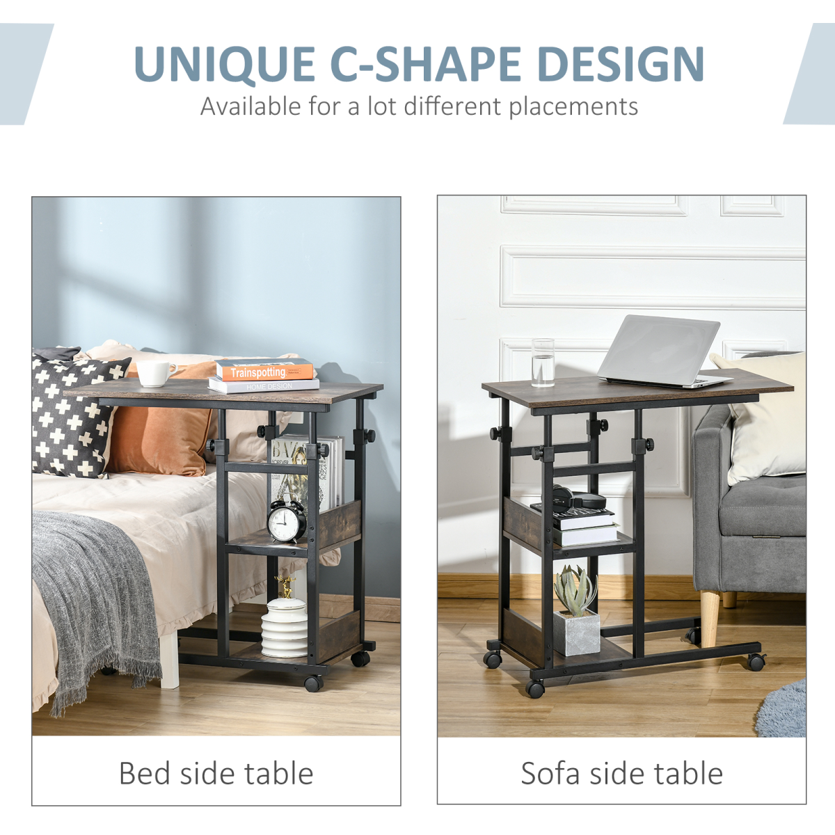 Adjustable C-Shaped Mobile Sofa Side Table with 3-Tier and Brakes