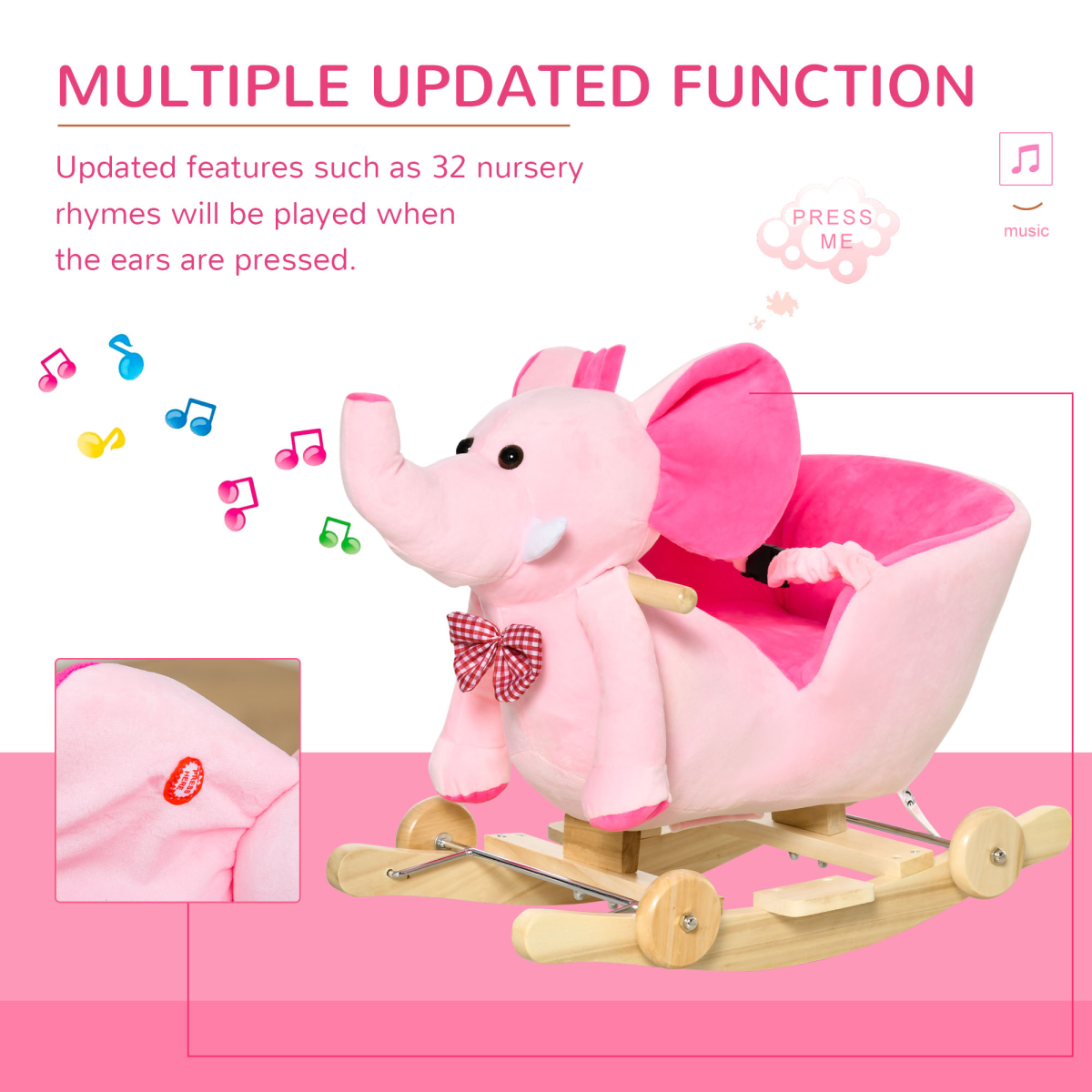 HOMCOM 2-in-1 Elephant Baby Rocking Horse Ride On with Music, Pink