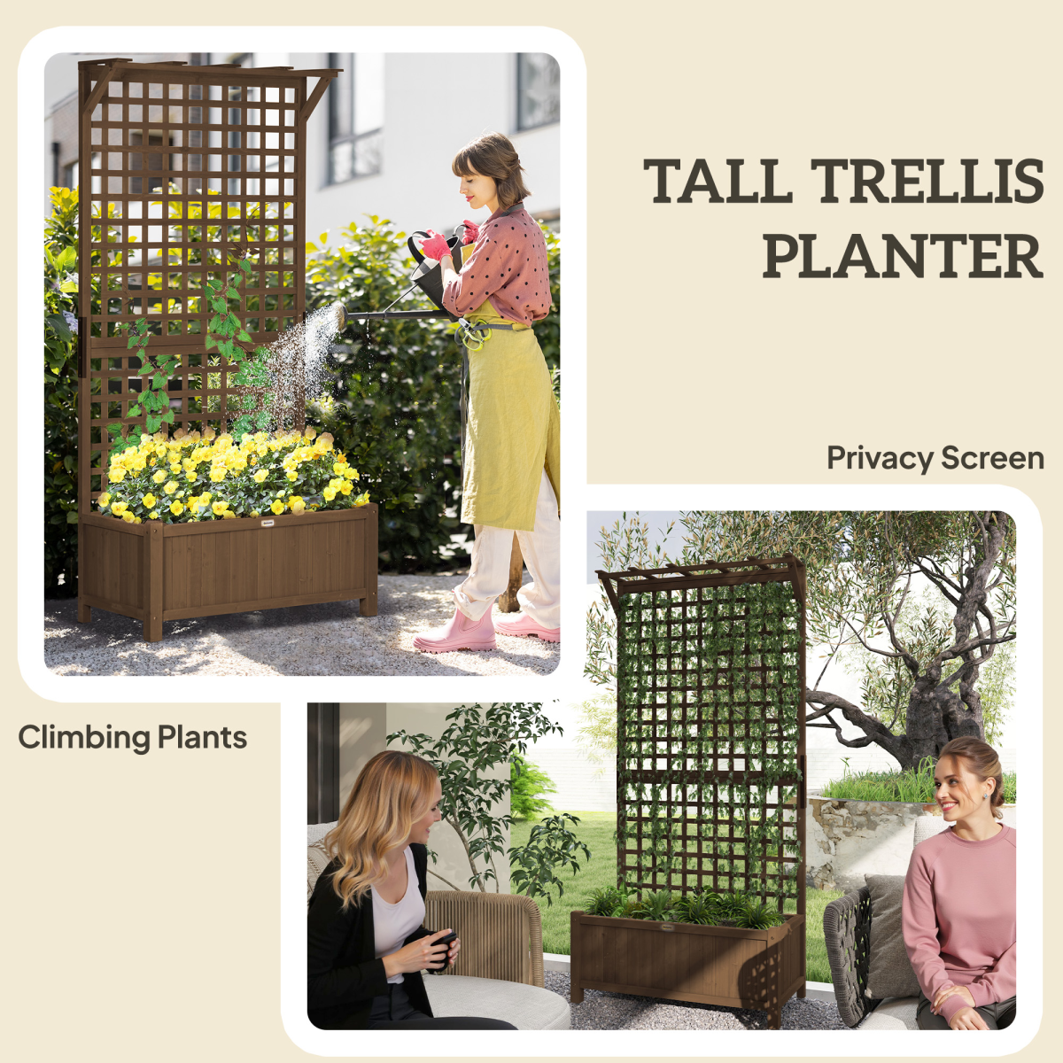 Outsunny Wooden Raised Garden Bed with Trellis and Drain Holes