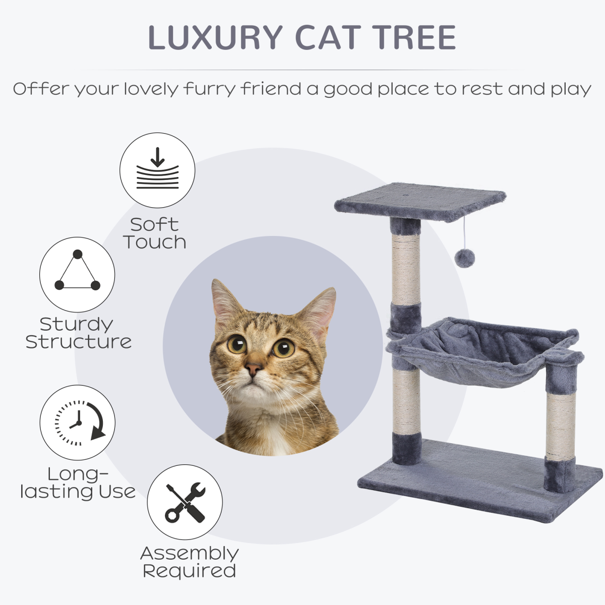 PawHut Cat Tree with Sisal Scratching Posts, Hammock Bed, Top Perch and Play Ball, 70cm High