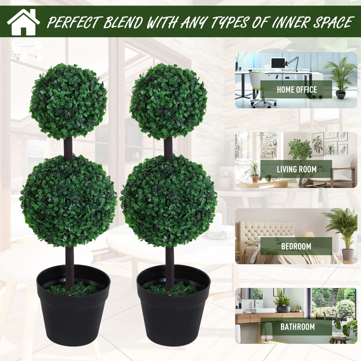 Set of 2 Artificial Boxwood Ball Topiary Trees, Green, PE Plants