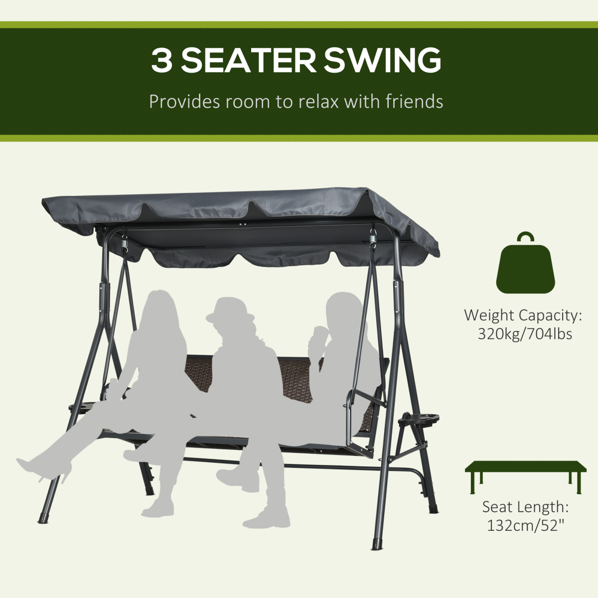 Outsunny 3 Seater Garden Swing Bench with Adjustable Canopy, Rattan Seat