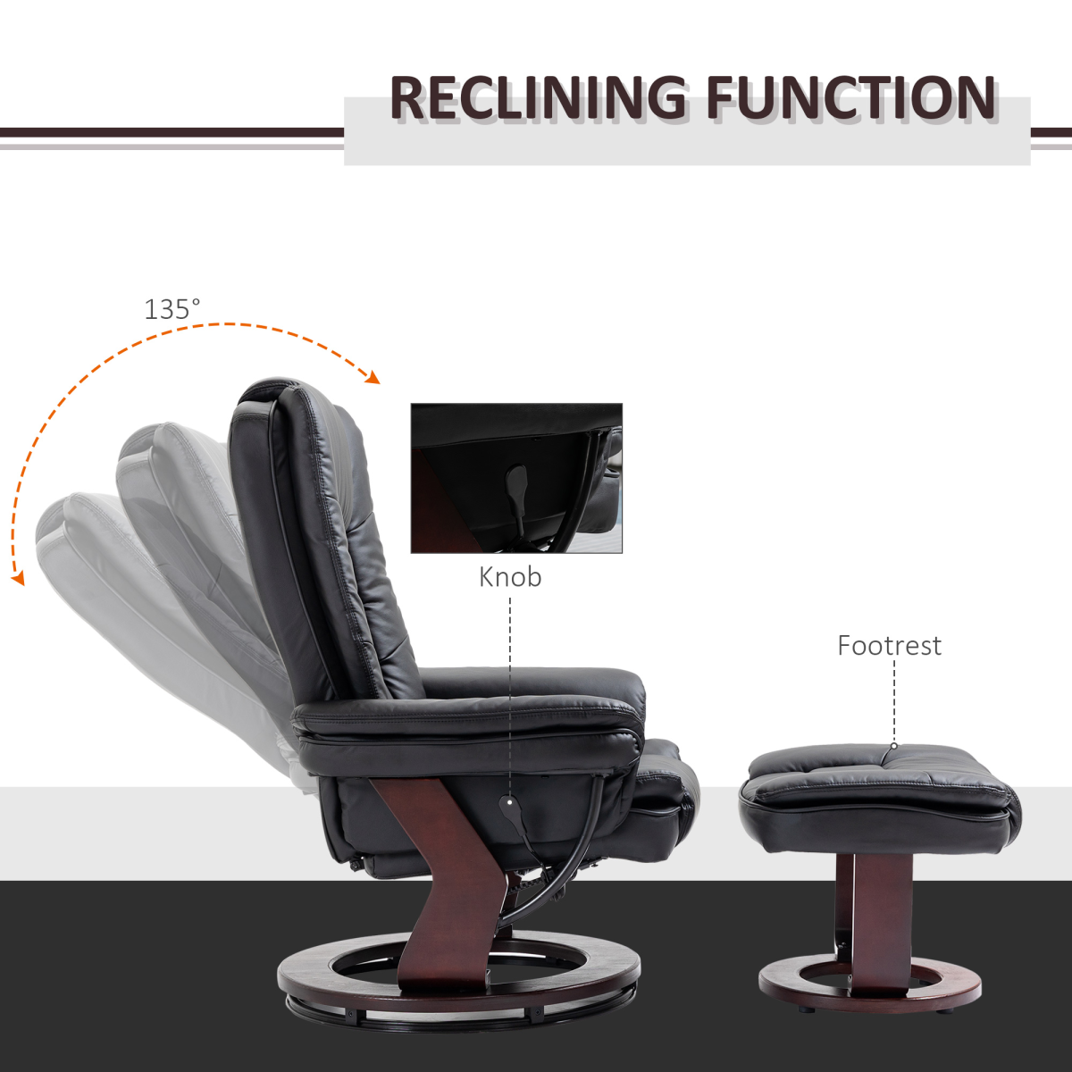 Swivel Manual Recliner and Footrest Set, PU Lounge Chair with Wooden Base, Black