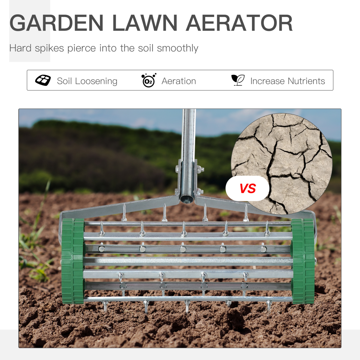 Outsunny Lawn Aerator Roller with 3-Level Adjustable Handle, Galvanized Metal and PP Plastic