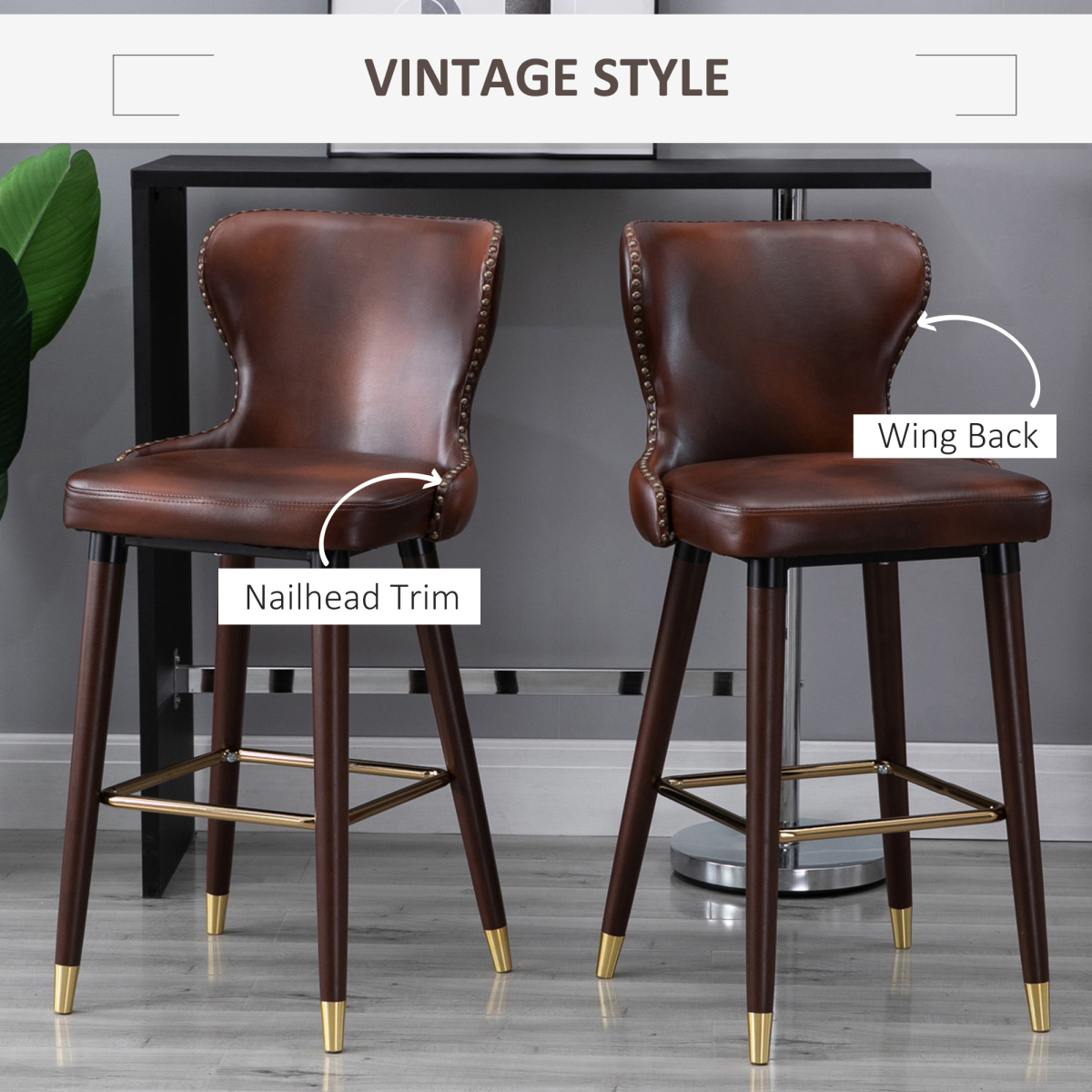 HOMCOM Set of 2 Brown PU Leather Bar Stools with High Back