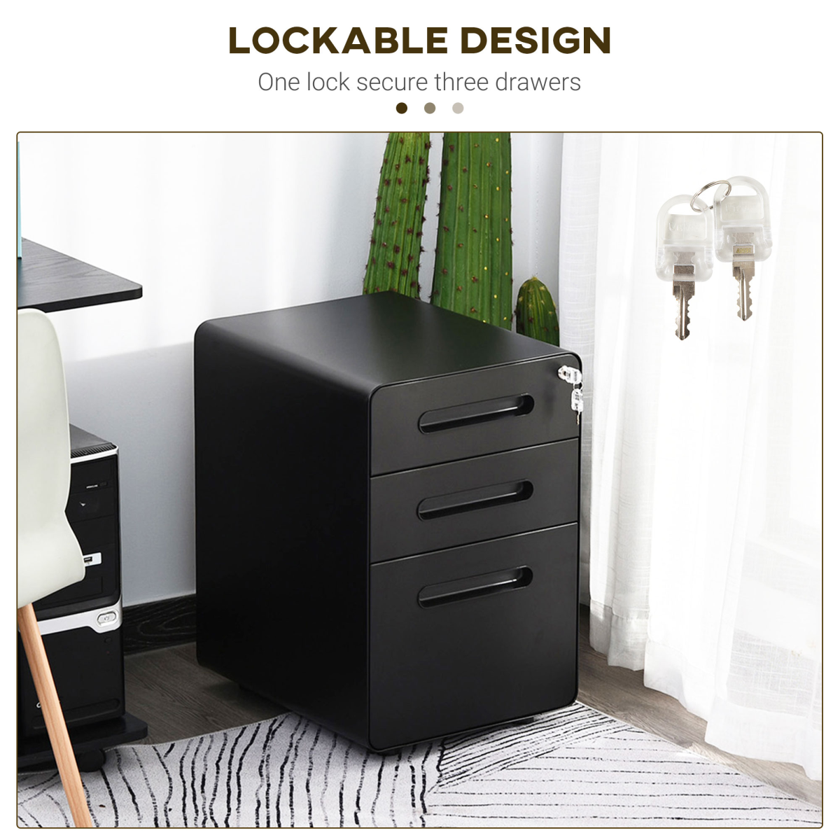 3-Drawer Steel Filing Cabinet with Lock and 4 Wheels, Black