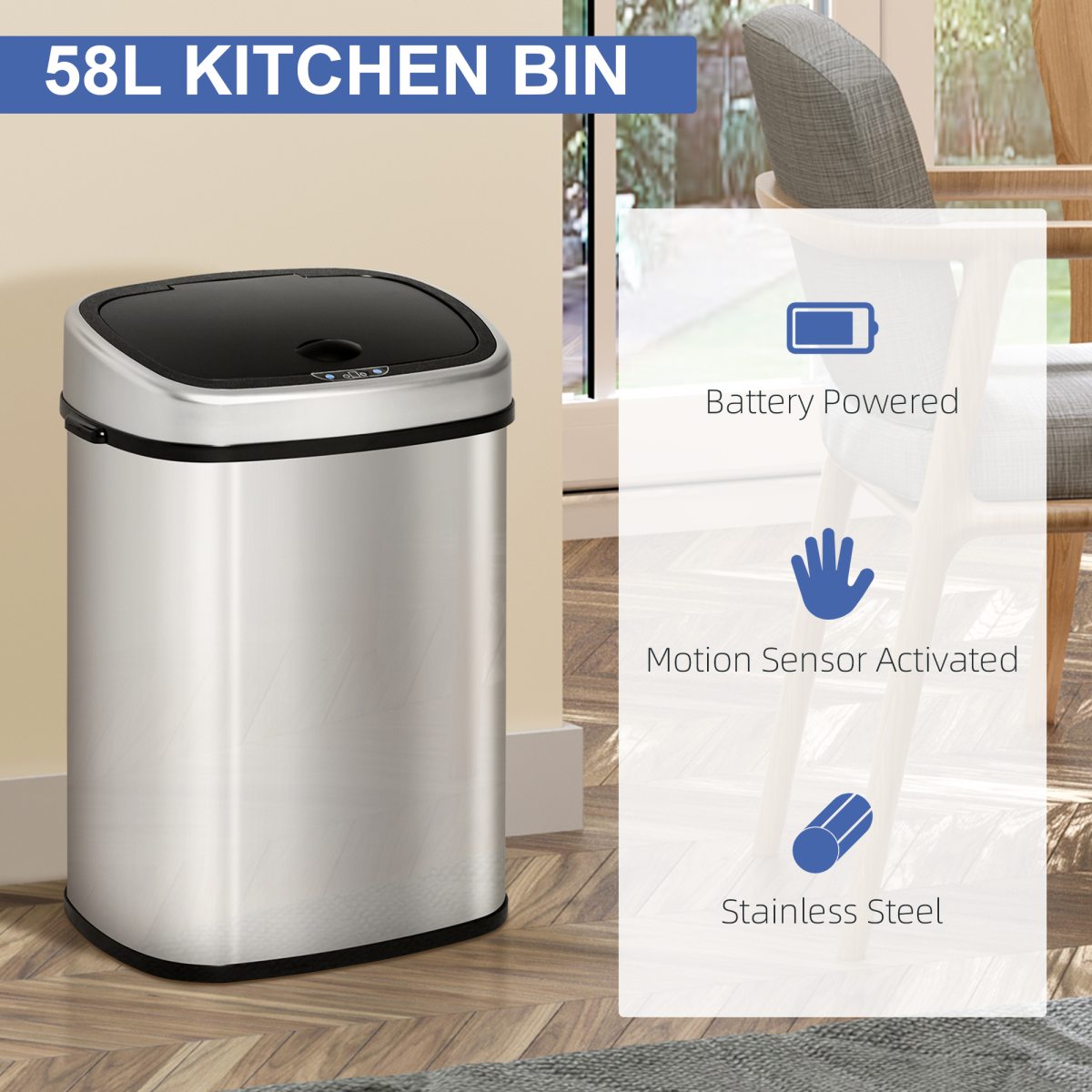 Sensor Bin, 58L, Touch-Free Motion Sensor, Mirror Stainless Steel and ABS Plastic