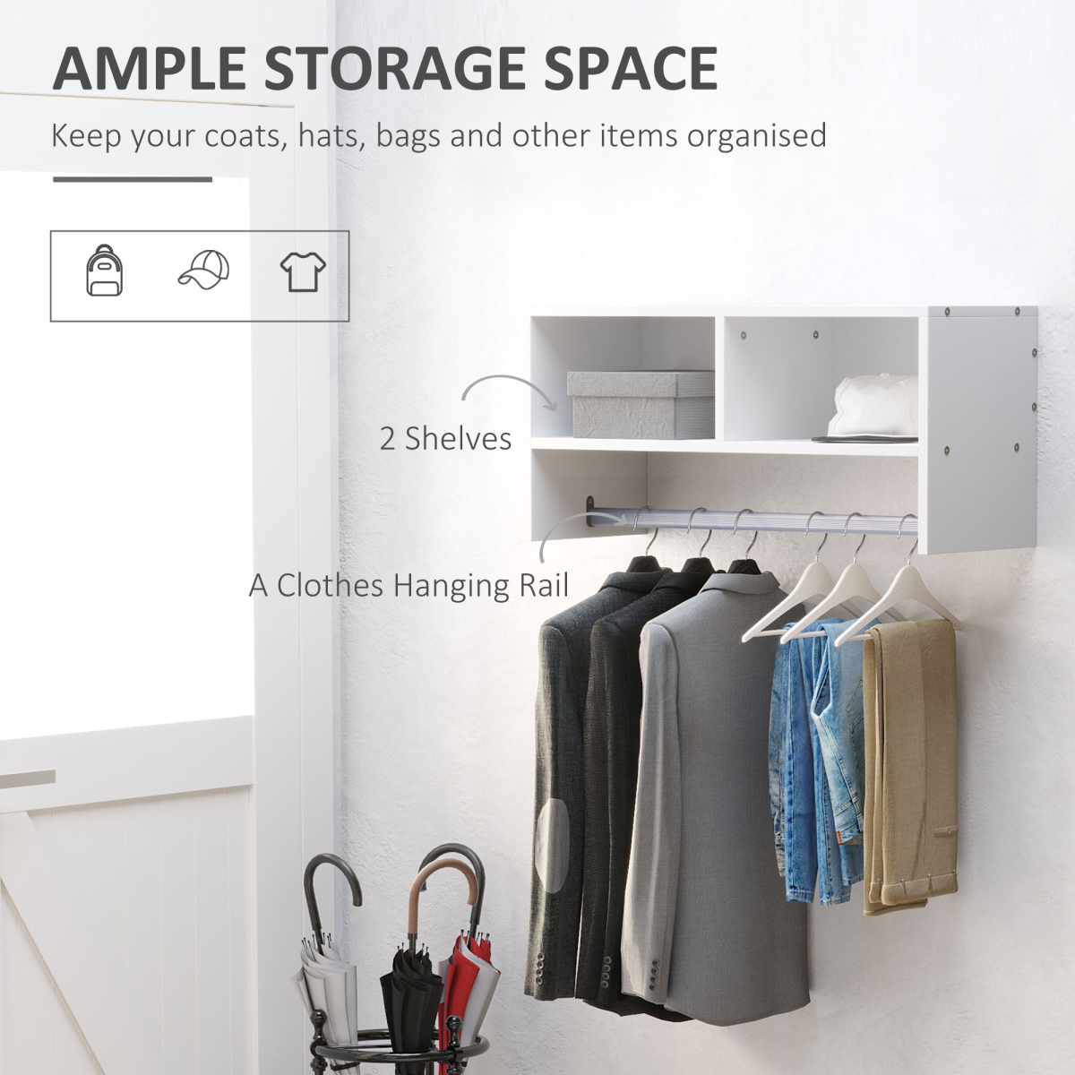 HOMCOM Wall Mounted Coat Rack with Clothes Rail and 2 Shelves, White