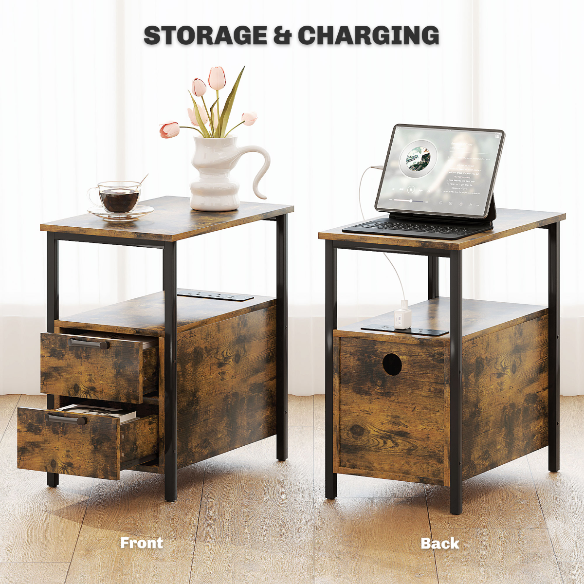 HOMCOM Nightstand with Charging Station, 2 Drawers, Rustic Brown