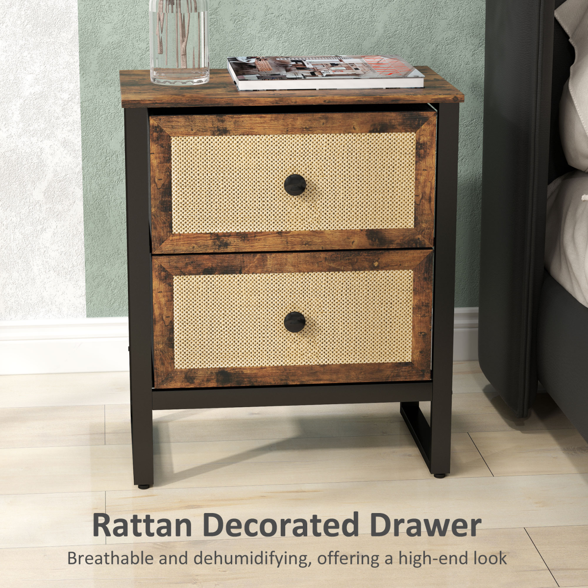 HOMCOM Rustic Brown Bedside Table with 2 Rattan Drawers, Steel Legs
