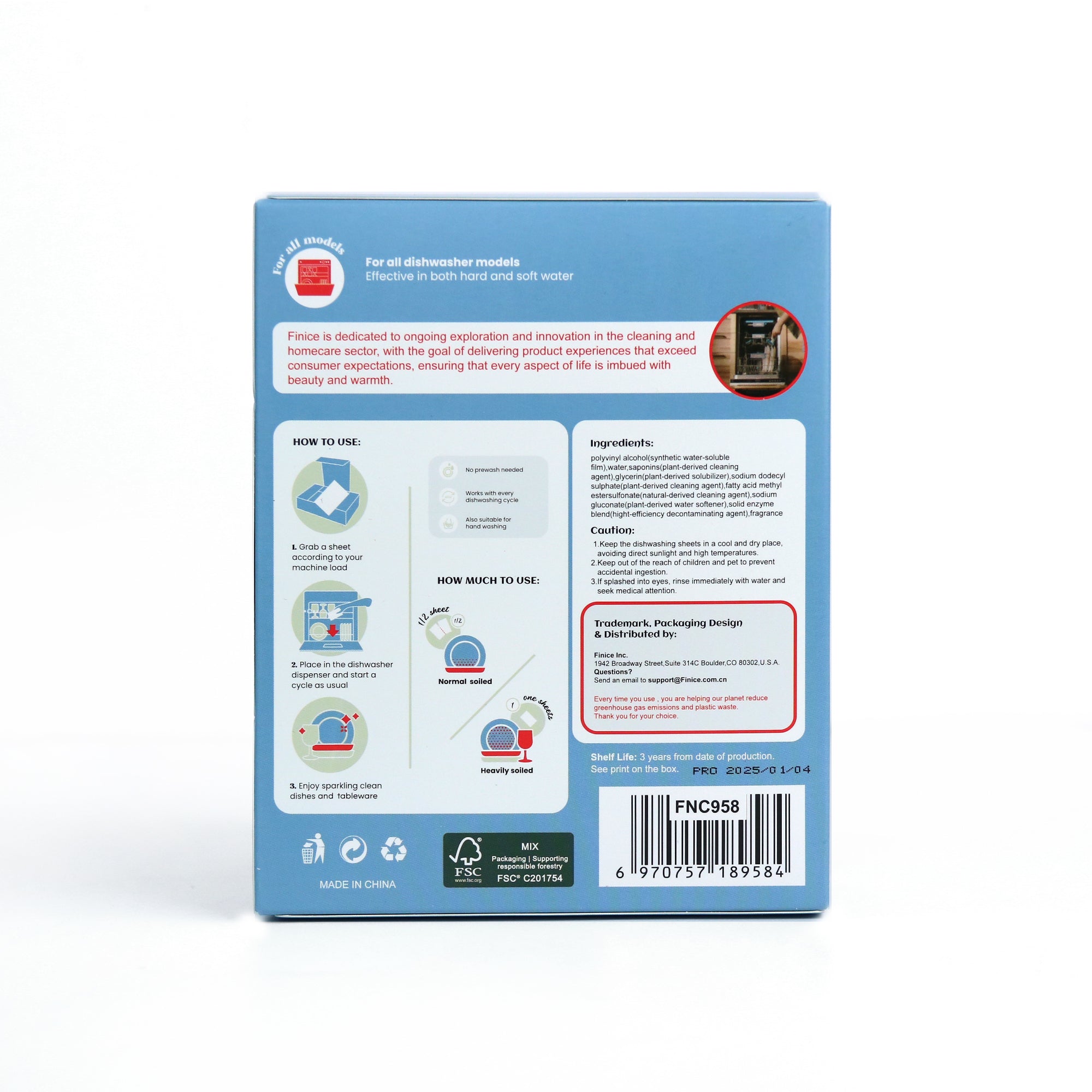 Finice Dishwashing Sheets – Enzyme Dishwasher Detergent, Eco-Friendly, Eucalyptus Scent, 60 Sheets