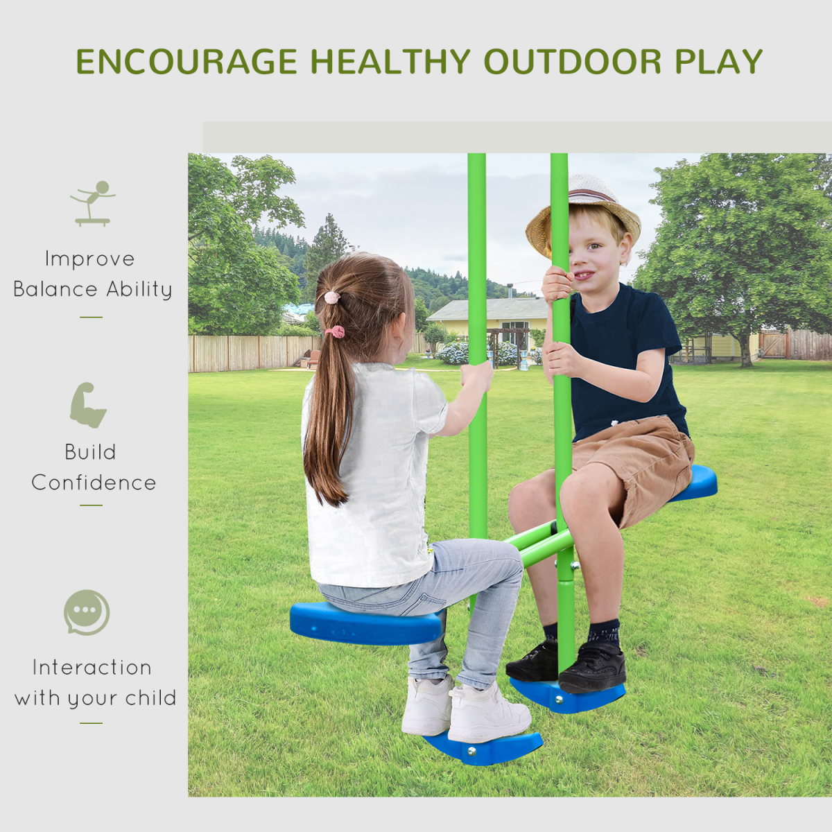 Metal Double Swing Set with Seat Glider Outdoor Garden Play Set, Green, Outsunny
