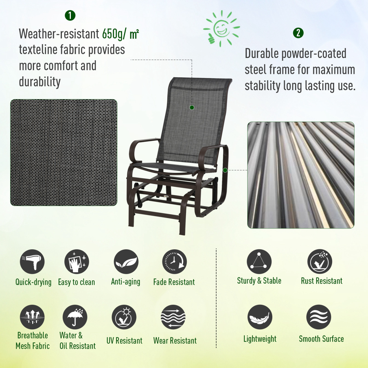 Outsunny 3-Piece Outdoor Swing Chair Set with Tea Table, Patio Garden Rocking Furniture