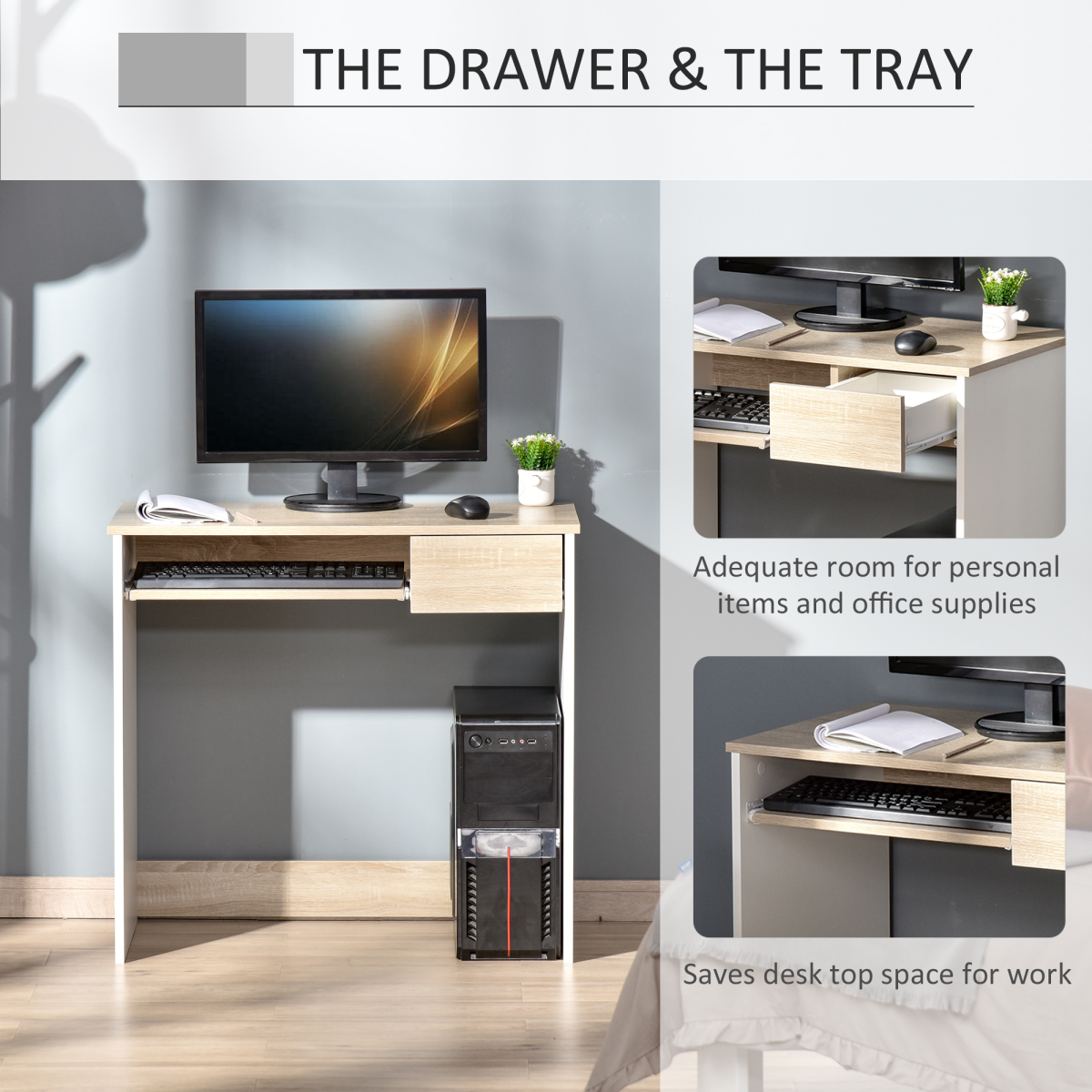 HOMCOM Compact Computer Table with Keyboard Tray and Drawer, Oak