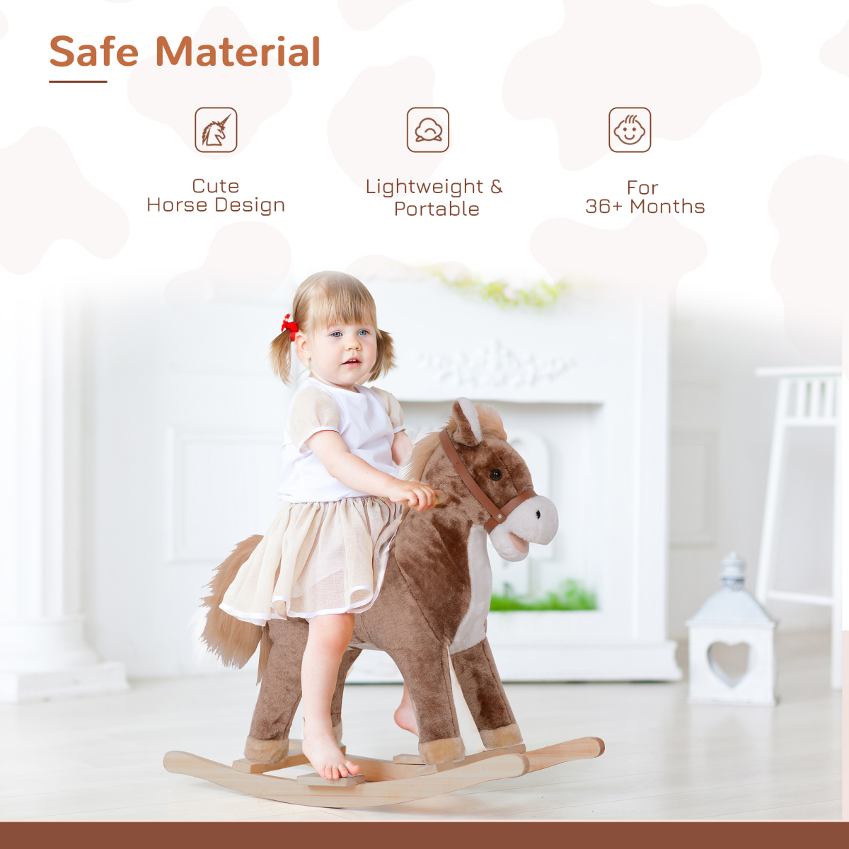 HOMCOM Kids Wooden Plush Rocking Horse Ride-On Toy, Age 3+