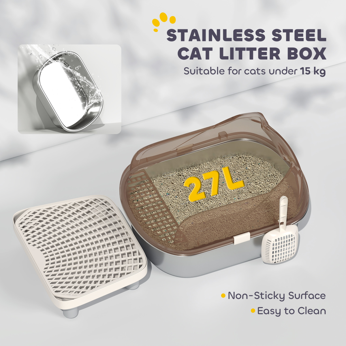 PawHut Stainless Steel Cat Litter Box with Lid, Pedal & Scoop