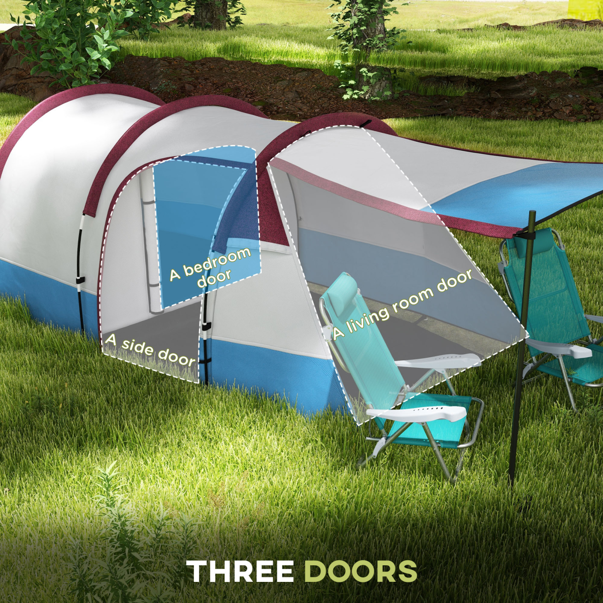 Outsunny 3-Person Camping Tunnel Tent with Bedroom and Living Room, Red