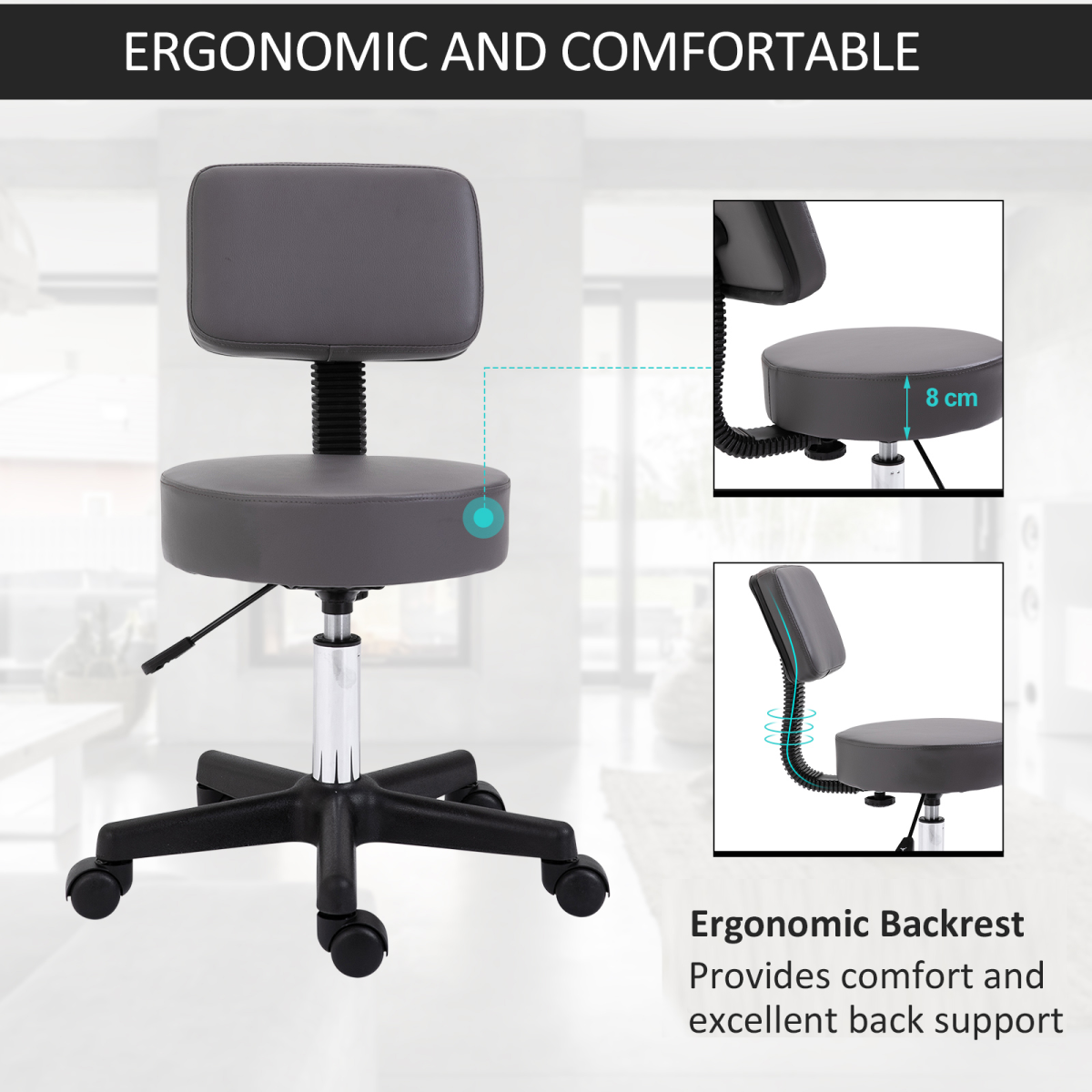 HOMCOM Adjustable Height Saddle Stool with Seat and Back Pad, 360° Swivel Castor Wheels
