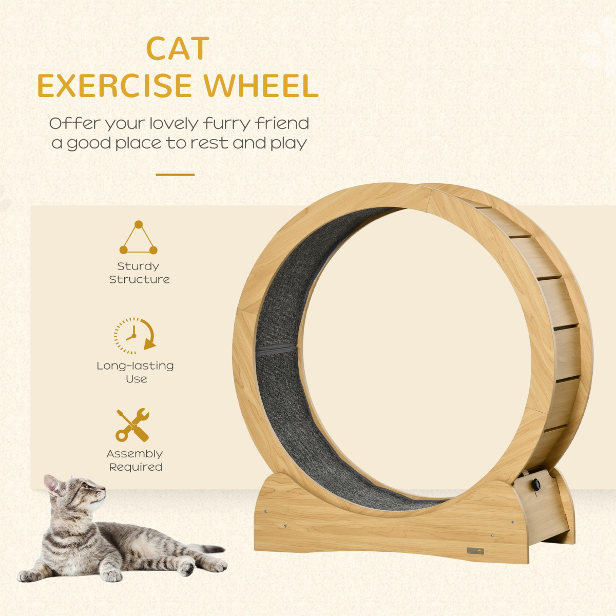 PawHut Wooden Cat Running Wheel with Brake, Cat Exercise Wheel
