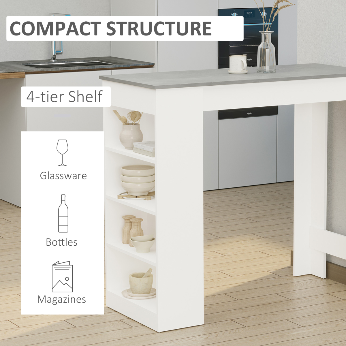 HOMCOM Grey Bar Table with 4-Tier Shelf, Kitchen Dining Coffee Table