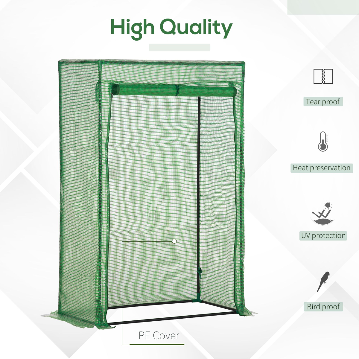 100 x 50 x 150 cm Green PE Greenhouse Cover with Zipper Roll-Up Door, Outdoor