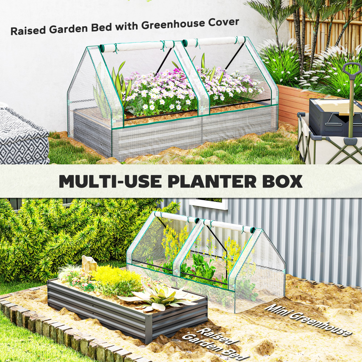 Outsunny Raised Garden Bed Planter with Mini Greenhouse, White/Grey
