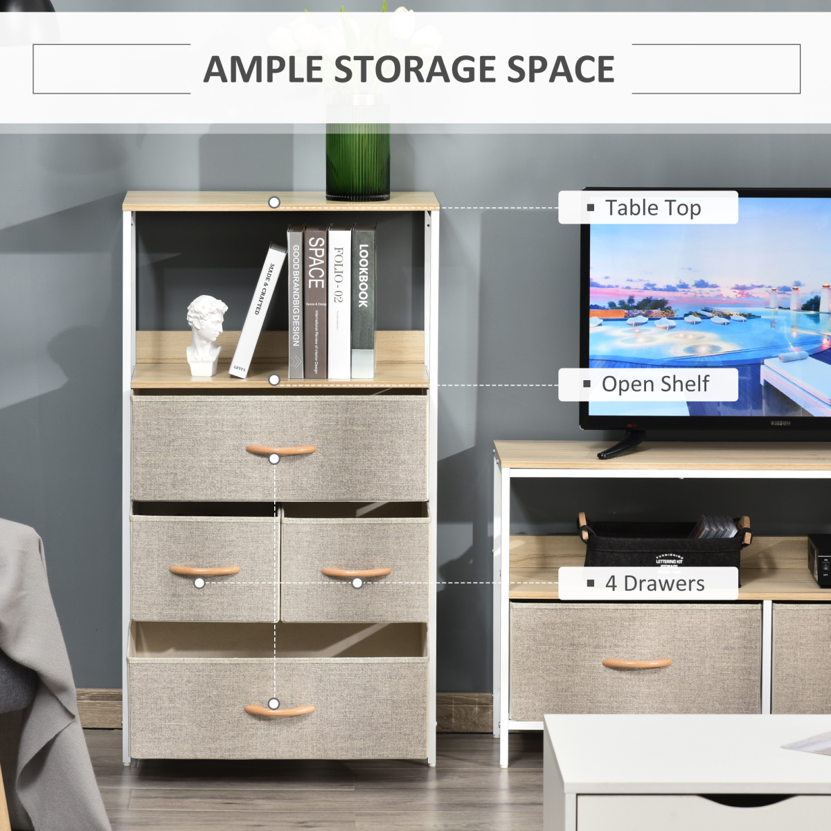 HOMCOM Chest of Drawers with 4 Fabric Bins and 2 Shelves, White