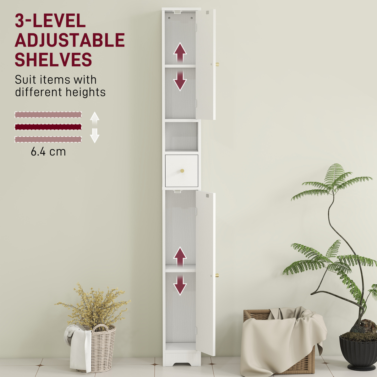 HOMCOM White Slim Bathroom Storage Cabinet with Adjustable Shelves