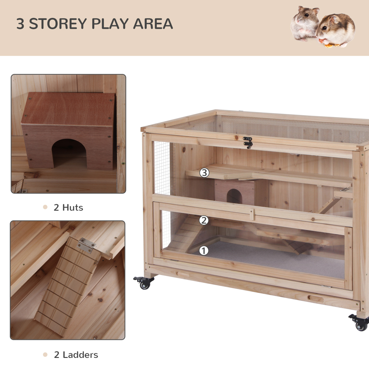 Pawhut 3-Tier Wooden Hamster Cage, Small Animal Hutch with Two Huts, Two Ladders, Mesh Roof, Pull-Out Tray, Wheels, Natural Wood