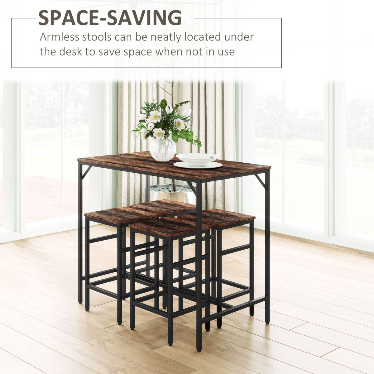 HOMCOM 5-Piece Space-Saving Bar Dining Set with Table and 4 Stools, Rustic Wood and Dark Metal