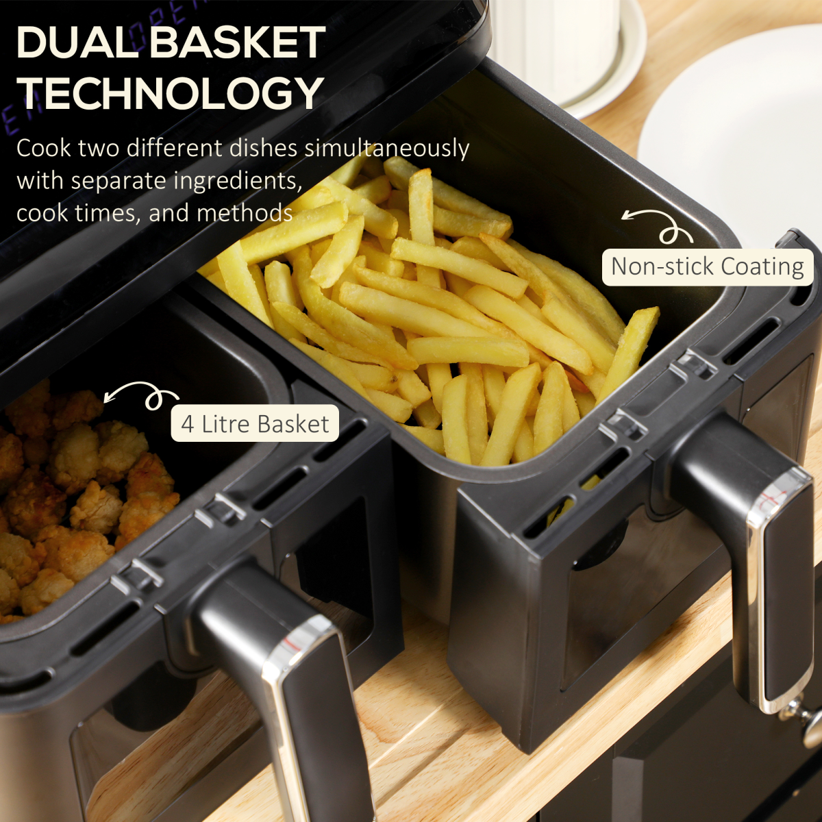 Dual Basket Air Fryer 8L Family Size, 8 Presets, Timer, Cookbook, 2500W, Black