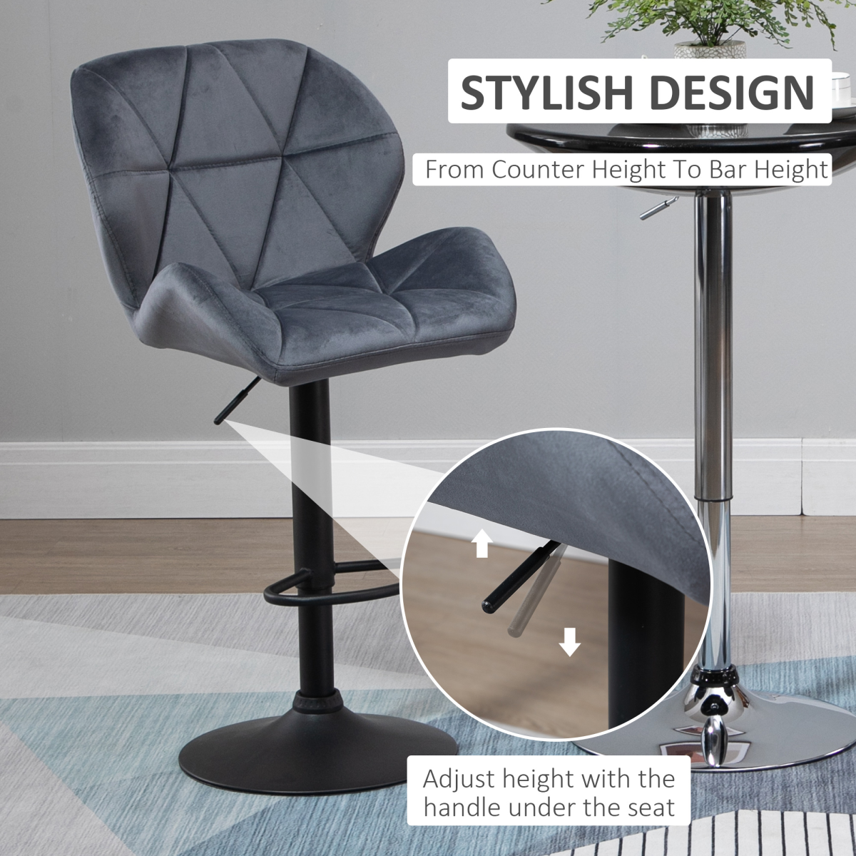 HOMCOM Set of 2 Adjustable Height Fabric Bar Stools Dark Grey