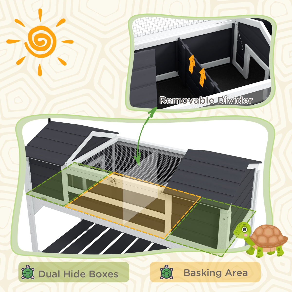 PawHut Tortoise House with Lamp Holder, Openable Lid & Dual Hide Boxes