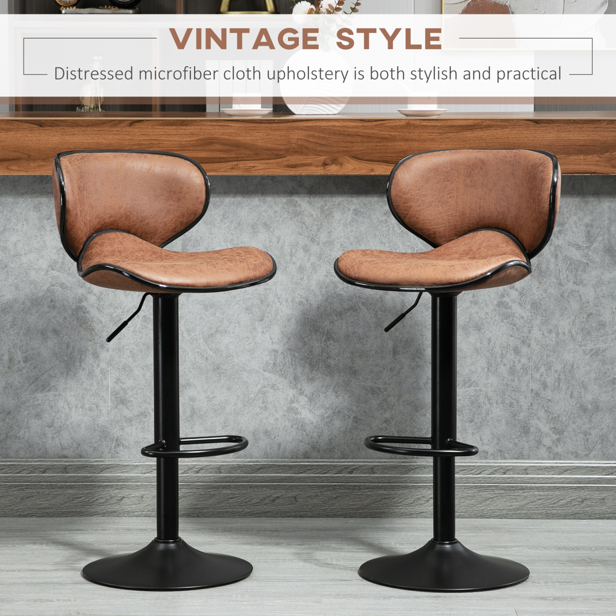HOMCOM Set of 2 Adjustable Height Padded Armless Bar Stools